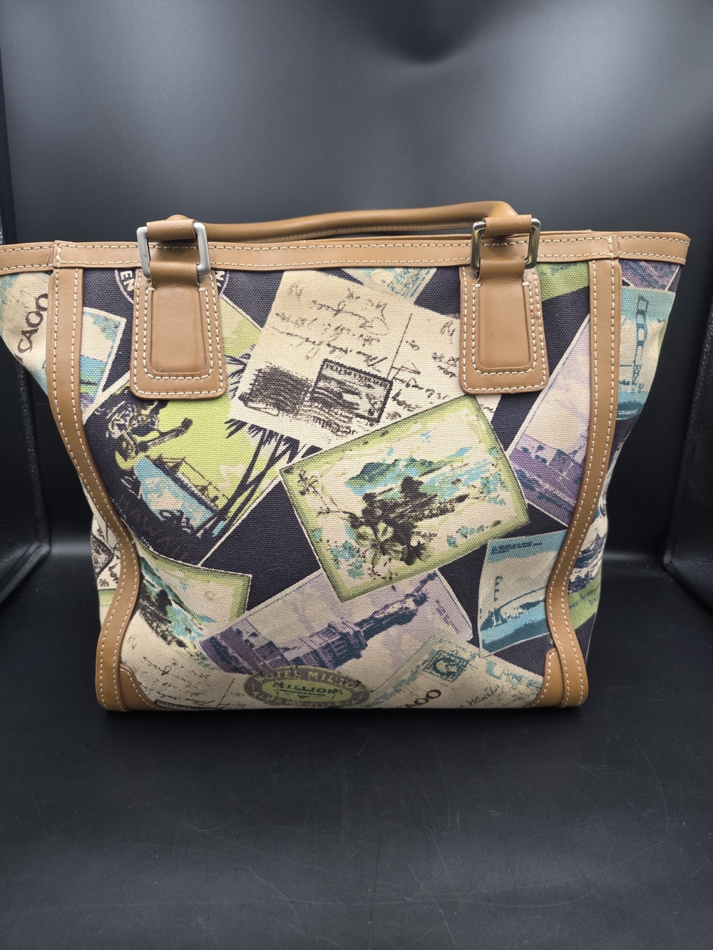 Talbots Tan Trim Postcard Print Canvas Tote - Picture 4 of 15